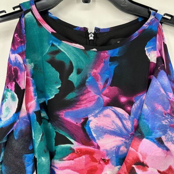 Tahari Abstract Floral Cocktail Dress 4 RuffleTrim Sleeveless Swing Black Pink - Picture 6 of 12